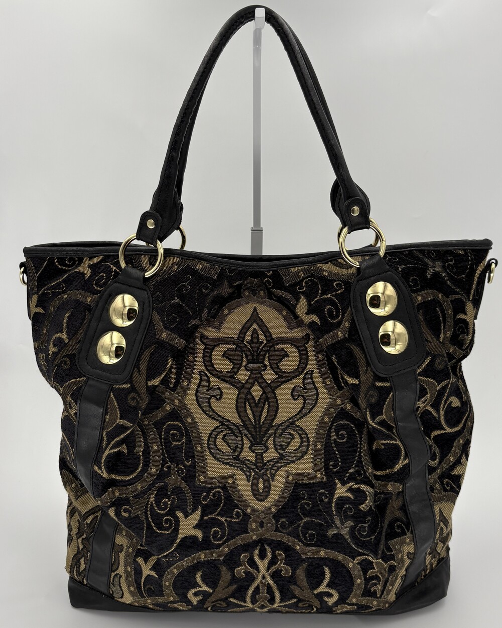 Baroque Tapestry Fleur De Lis Studded Tote Bag Black Gold Faux Leather